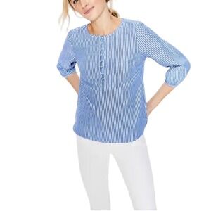 Boden Striped Linen Cotton Blouse Womens 6 Blue White 3/4 Sleeve Button Front